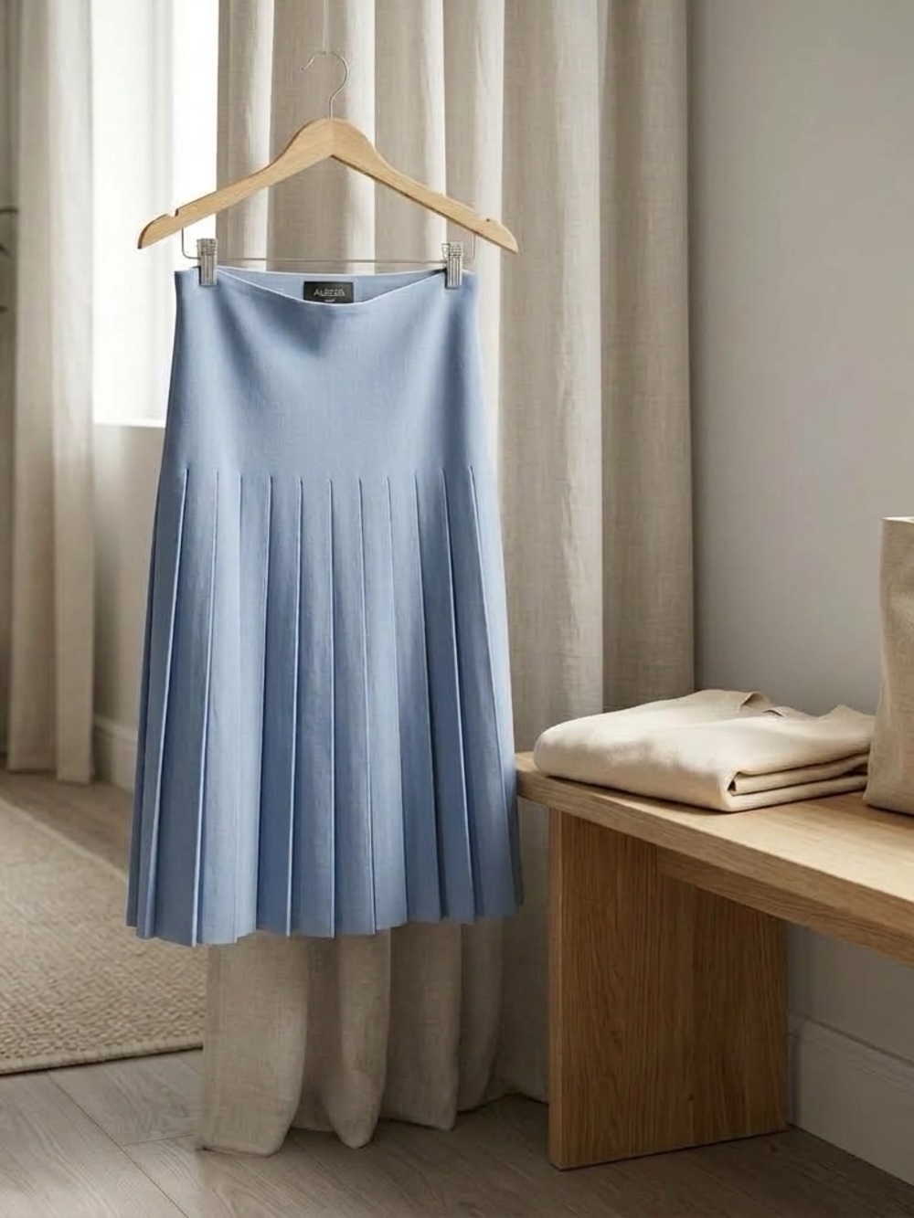ALEEZA PARIS Pleated Midi Skirt in Light Blue — Classic Aderra Style